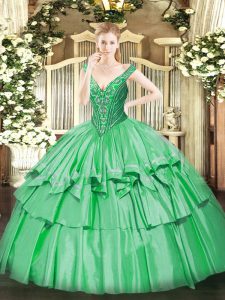 Latest Organza and Taffeta Sleeveless Floor Length 15th Birthday Dress and Beading and Ruffled Layers