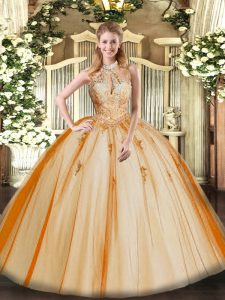 Flirting Orange Red Halter Top Neckline Lace and Appliques Ball Gown Prom Dress Sleeveless Lace Up