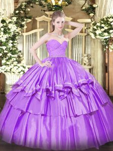 Comfortable Lilac Sleeveless Floor Length Beading and Lace and Ruffled Layers Zipper Vestidos de Quinceanera