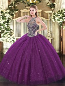 Eggplant Purple Ball Gowns Tulle Halter Top Sleeveless Beading Floor Length Lace Up 15th Birthday Dress