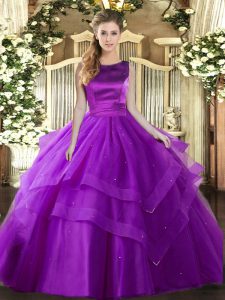 Fantastic Tulle Scoop Sleeveless Lace Up Ruffled Layers Quinceanera Dress in Eggplant Purple