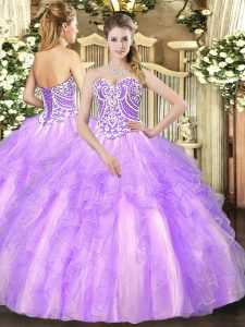 Flare Sleeveless Floor Length Beading and Ruffles Lace Up 15 Quinceanera Dress with Lavender