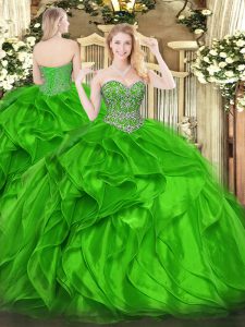 Sweetheart Sleeveless Quinceanera Dresses Floor Length Beading and Ruffles Green Organza