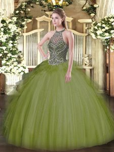 Deluxe Olive Green Lace Up Ball Gown Prom Dress Beading Sleeveless Floor Length