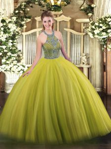Custom Made Halter Top Sleeveless 15th Birthday Dress Floor Length Beading Olive Green Tulle