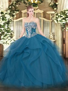 Flirting Teal Sleeveless Floor Length Beading and Ruffles Lace Up Quinceanera Dress