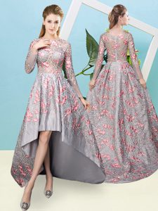 Glamorous Grey A-line Lace Bridesmaid Gown Zipper Lace Long Sleeves High Low