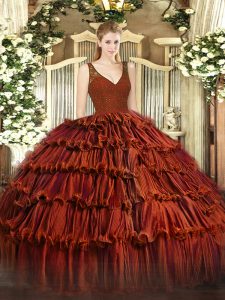 Beading and Lace and Ruffled Layers Quinceanera Dress Rust Red Backless Sleeveless Floor Length