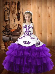 Eye-catching Organza Square Sleeveless Lace Up Embroidery and Ruffled Layers Child Pageant Dress in Eggplant Purple