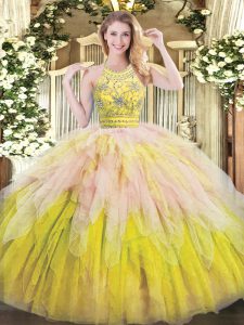 Multi-color Sleeveless Floor Length Beading and Ruffles Zipper Sweet 16 Dress