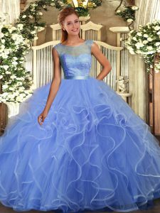 Traditional Blue Ball Gown Prom Dress Military Ball and Sweet 16 and Quinceanera with Lace and Ruffles Scoop Sleeveless Backless