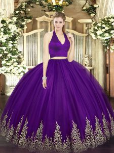 Floor Length Dark Purple Quinceanera Dresses Tulle Sleeveless Appliques