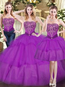 Dramatic Tulle Strapless Sleeveless Lace Up Beading and Ruffled Layers Ball Gown Prom Dress in Eggplant Purple