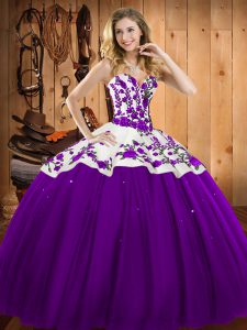 Lovely Eggplant Purple Ball Gowns Satin and Tulle Sweetheart Sleeveless Embroidery Floor Length Lace Up Sweet 16 Dress