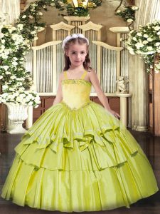 Customized Olive Green Sleeveless Floor Length Appliques and Ruffled Layers Lace Up Child Pageant Dress
