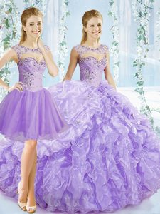 Vintage Sleeveless Organza Brush Train Lace Up Quinceanera Gowns in Lavender with Beading and Ruching and Pick Ups