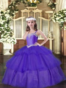Beading and Ruffled Layers Little Girl Pageant Gowns Purple Lace Up Sleeveless Floor Length