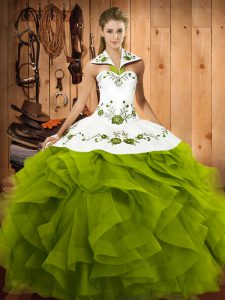 Olive Green Sleeveless Embroidery and Ruffles Floor Length Quinceanera Gowns