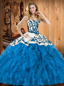 Teal Ball Gowns Tulle Sweetheart Sleeveless Embroidery and Ruffles Floor Length Lace Up Sweet 16 Dresses