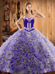 Multi-color Lace Up Sweetheart Embroidery Quince Ball Gowns Satin and Fabric With Rolling Flowers Sleeveless Sweep Train