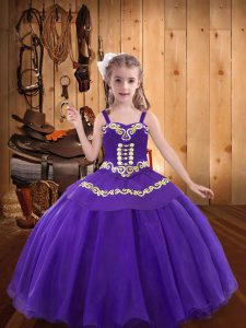 Fashion Organza Straps Sleeveless Lace Up Embroidery Little Girls Pageant Gowns in Eggplant Purple