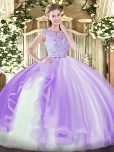 Fabulous Bateau Sleeveless Sweet 16 Dress Floor Length Beading and Ruffles Lavender Tulle