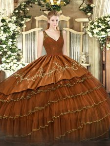 Rust Red Ball Gowns Organza and Taffeta V-neck Sleeveless Beading and Lace and Embroidery and Ruffled Layers Floor Length Backless 15th Birthday Dress