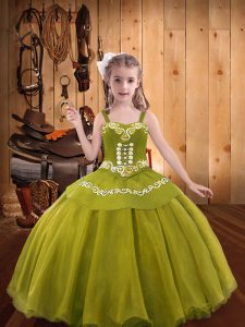 Olive Green Lace Up Straps Embroidery and Ruffles Girls Pageant Dresses Organza Sleeveless