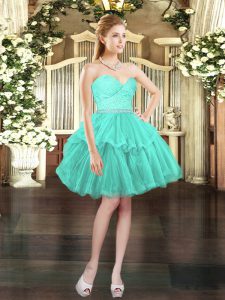 Designer Aqua Blue A-line Beading and Lace Homecoming Dress Lace Up Tulle Sleeveless Mini Length