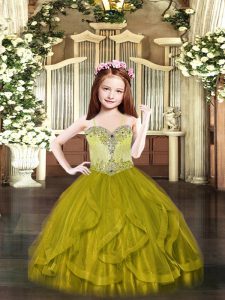 Cute Olive Green Spaghetti Straps Neckline Beading and Ruffles Child Pageant Dress Sleeveless Lace Up