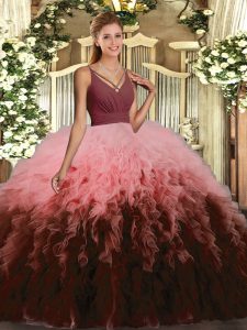 Multi-color Organza Backless V-neck Sleeveless Floor Length Vestidos de Quinceanera Ruffles