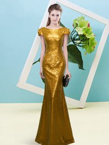 Trendy Gold Mermaid Sequined Scoop Cap Sleeves Sequins Floor Length Zipper Casual Dresses