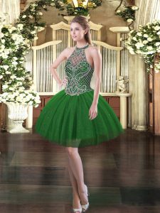 On Sale Ball Gowns Prom Gown Dark Green Halter Top Tulle Sleeveless Mini Length Lace Up