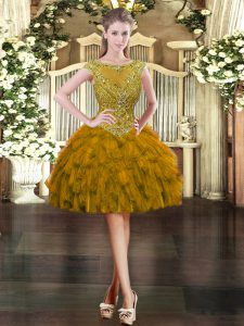Enchanting Brown Ball Gowns Scoop Cap Sleeves Organza Mini Length Zipper Beading and Ruffles Custom Made