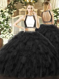 Romantic Ruffles Quinceanera Dresses Black Backless Sleeveless Floor Length