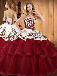 Inexpensive Wine Red Ball Gowns Sweetheart Sleeveless Organza Sweep Train Lace Up Embroidery 15th Birthday Dress