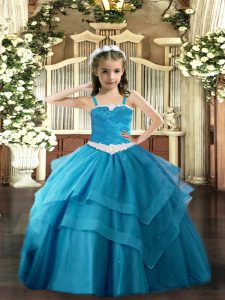 Best Baby Blue Straps Lace Up Appliques and Ruffled Layers Little Girl Pageant Dress Sleeveless