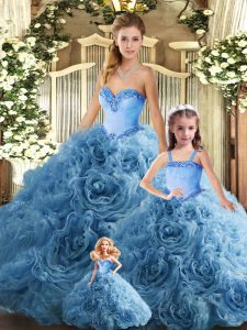 High End Sweetheart Sleeveless Lace Up Quince Ball Gowns Teal Fabric With Rolling Flowers