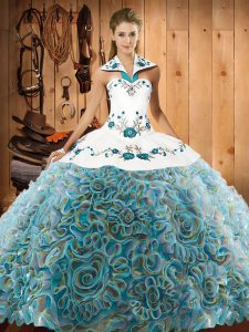 Deluxe Fabric With Rolling Flowers Halter Top Sleeveless Sweep Train Lace Up Embroidery Vestidos de Quinceanera in Multi-color