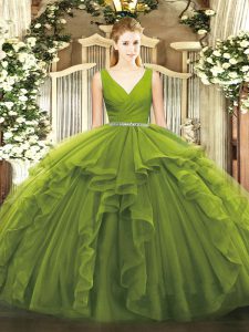 New Style Olive Green Ball Gowns Tulle V-neck Sleeveless Beading and Ruffles Floor Length Zipper Quinceanera Dress