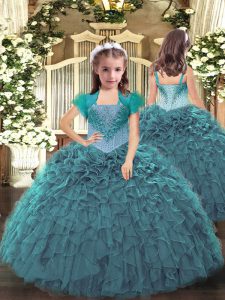 Teal Ball Gowns Straps Sleeveless Organza Floor Length Lace Up Beading and Ruffles Child Pageant Dress