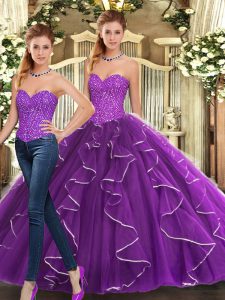Sweetheart Sleeveless Lace Up Quince Ball Gowns Eggplant Purple Organza