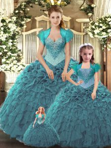 Teal Tulle Lace Up Straps Sleeveless Floor Length Sweet 16 Dresses Beading and Ruffles