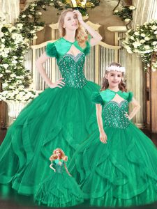 Beading and Ruffles 15 Quinceanera Dress Turquoise Lace Up Sleeveless Floor Length