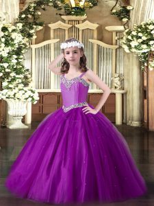 Floor Length Lace Up Little Girls Pageant Gowns Eggplant Purple for Party and Quinceanera and Wedding Party with Beading