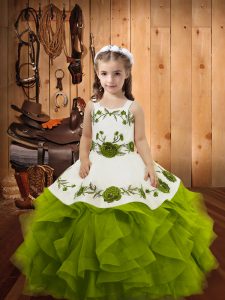 Olive Green Straps Neckline Embroidery and Ruffles Little Girl Pageant Gowns Sleeveless Lace Up