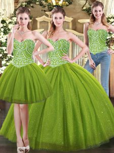 Pretty Sleeveless Tulle Floor Length Lace Up Sweet 16 Quinceanera Dress in Olive Green with Beading