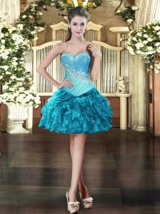 Flare Teal Ball Gowns Sweetheart Sleeveless Organza Mini Length Lace Up Beading Dress for Prom