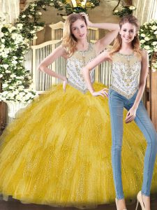 Yellow Organza Zipper Quinceanera Dress Sleeveless Floor Length Beading and Ruffles