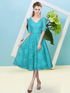 Fancy Teal Empire Lace V-neck Half Sleeves Bowknot Tea Length Lace Up Bridesmaids Dress